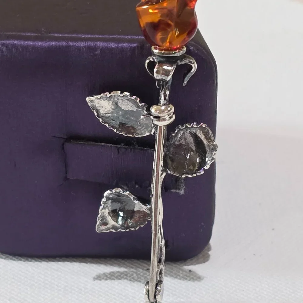 Vintage Carved Baltic Amber Rose Flower High Detail Sterling Silver Pin Brooch